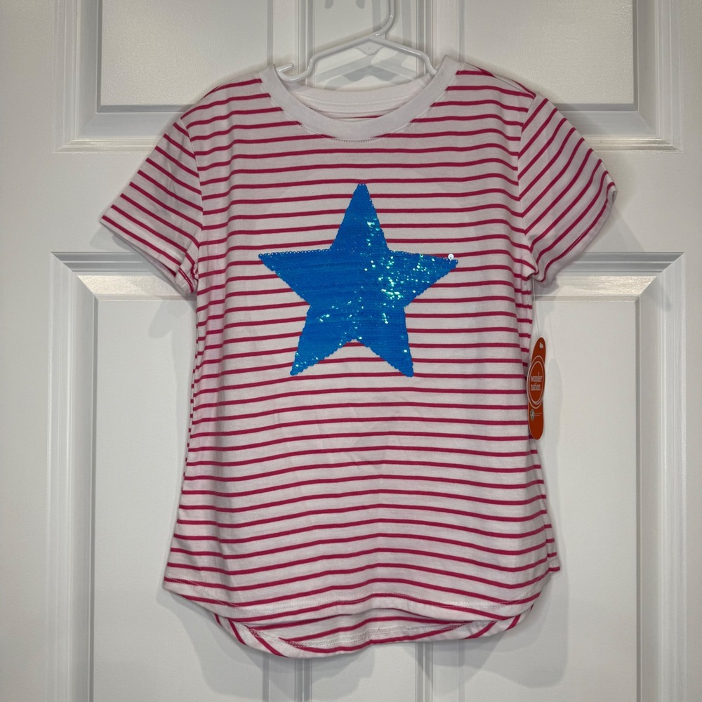 Wonder Nation Kids Girls Red White Stripe Blue Sequin Star T Shirt Size 7/8 (M)
